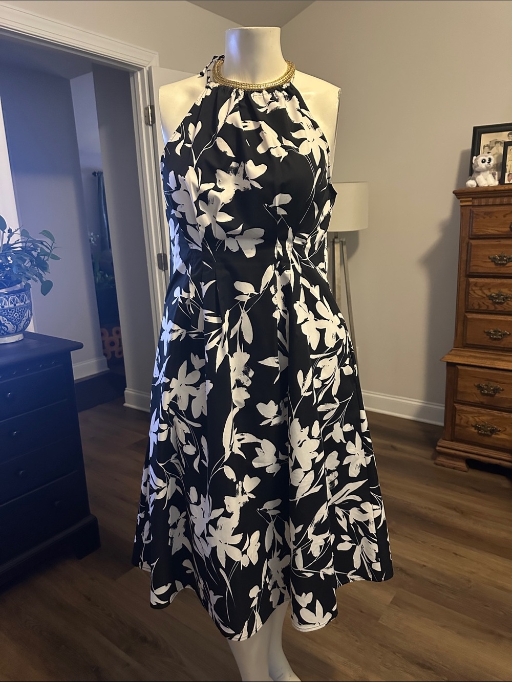 Emma & Michele Black and White Floral Halter Midi Dress with Gold Trim